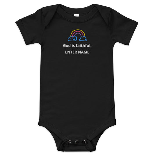 CUSTOM NAME God is Faithful with Rainbow Embroidered Baby short sleeve one piece